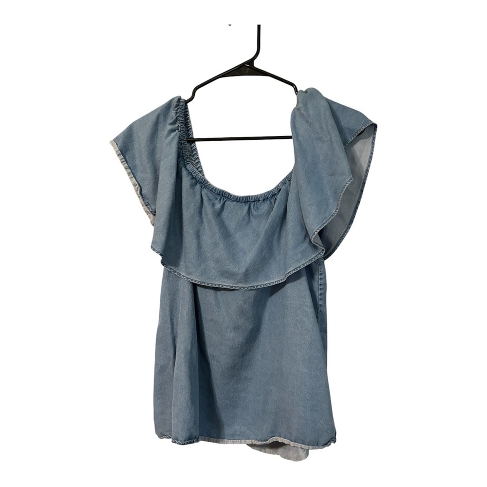 Light Denim Off-Shoulder Ruffle Top - Light Blue